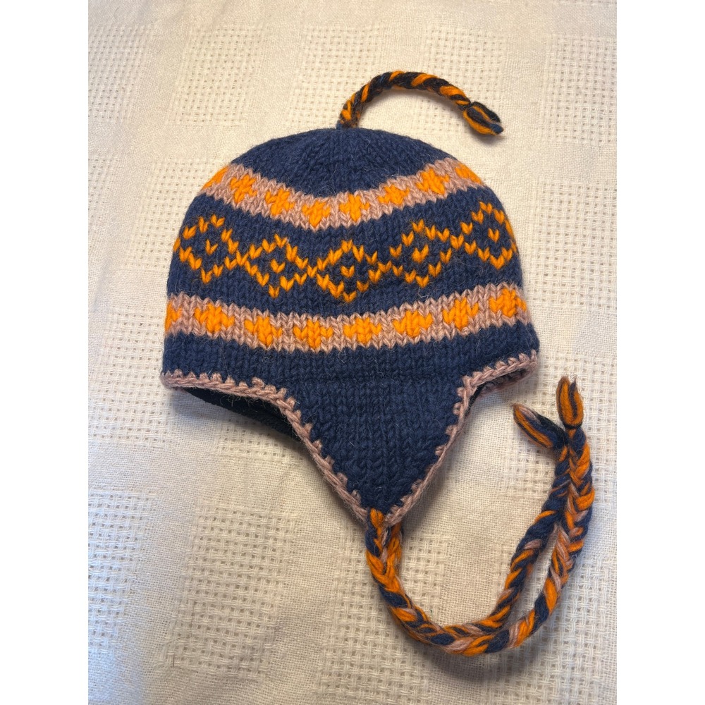 Handmade 100% Wool Earflap Beanie Hat Navy Orange Fair Isle Fleece Lined Nepal